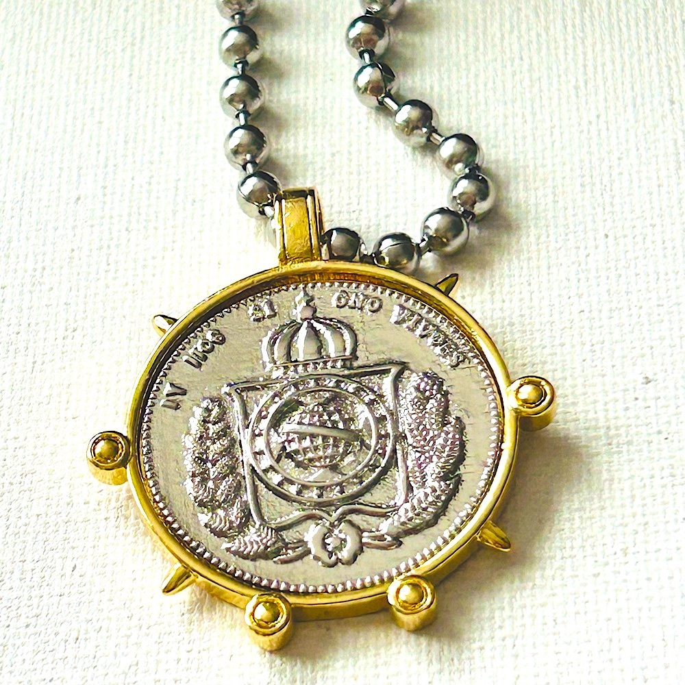 Gold and Silver Coin Pendant Necklace, stainless steel ball chain coin necklace